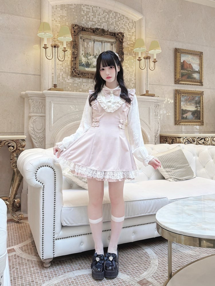 Ryousangata Pink Lace Long Sleeve Dress & Shorts Bow Set - Ekomi