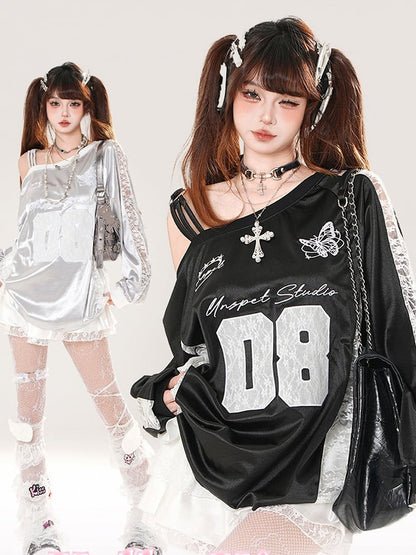 Embroidery Asymmetrical Neckline Butterfly