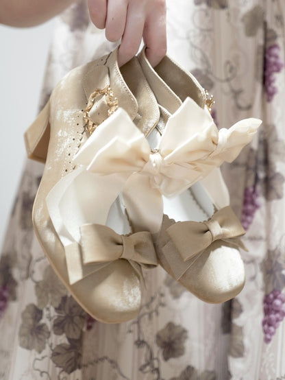 Embellishments Bow Shoes High Heel Delicate Block Classic Beige Lolita - Design