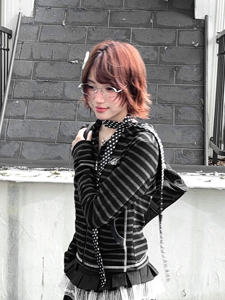 Striped with Gray Jacket Black Accents Rhinestone Star-shaped Zipper Closure Y2K