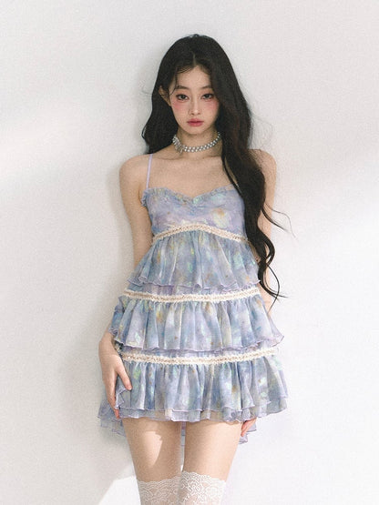 スリップドレス ティアードネックラインスカート ブルー スイートハート 油絵 花柄 ミニ