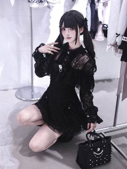 Jirai Kei Black Lace Long-Sleeve Dress with Shorts & Bow Tie Three-Piece Set - Ekomi