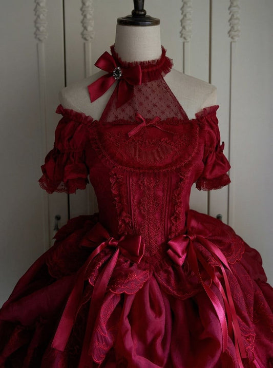 Top with Puff Corset Classic Lolita Details and Neckline Red Elegant Sleeves Boned Embroidery Illusion Lace