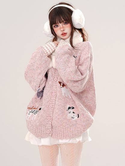 Lockere Strickjacke mit Rundhalsausschnitt und süßen Welpen in Rosa/Kaffee