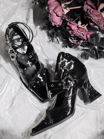Textured Metal Cross Block Heels Buckles Punk in Black Coffin Chunky 8.5/5cm Gothic Toe with Pointed