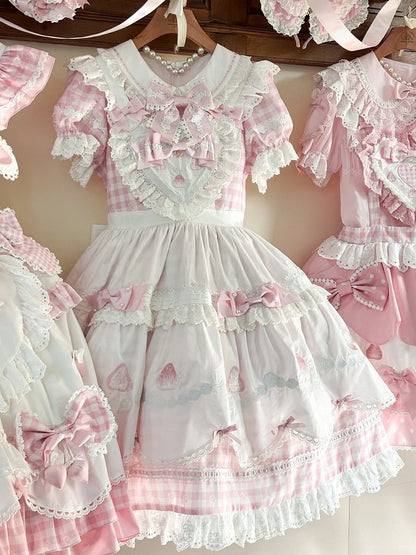 Lolita Print White Pink Puff Sleeves Gingham Sweet with Strawberry Dress