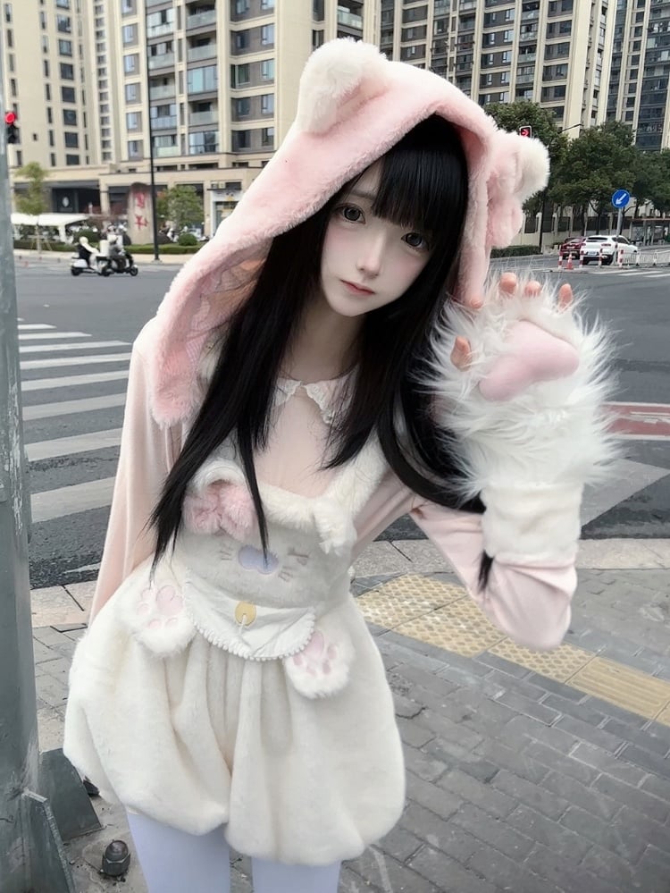 Detachable Hood White Ear with Decor Kitty Hoodie Overall Bubble Plush Shorts
