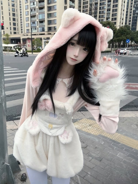 Detachable Hood White Ear with Decor Kitty Hoodie Overall Bubble Plush Shorts