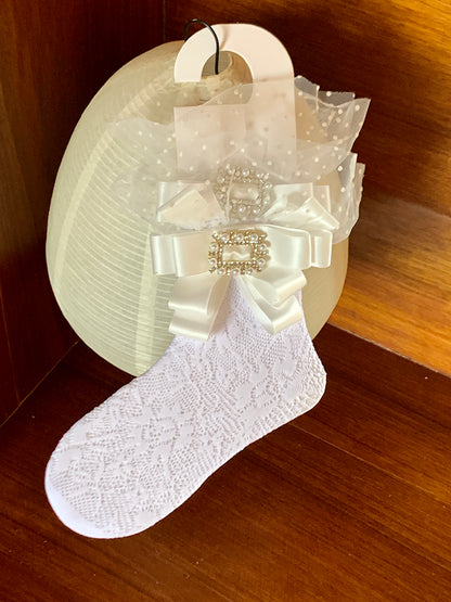 Socks Creamy Bowknot Lace White Trim Polka Dot with Calf Decoration