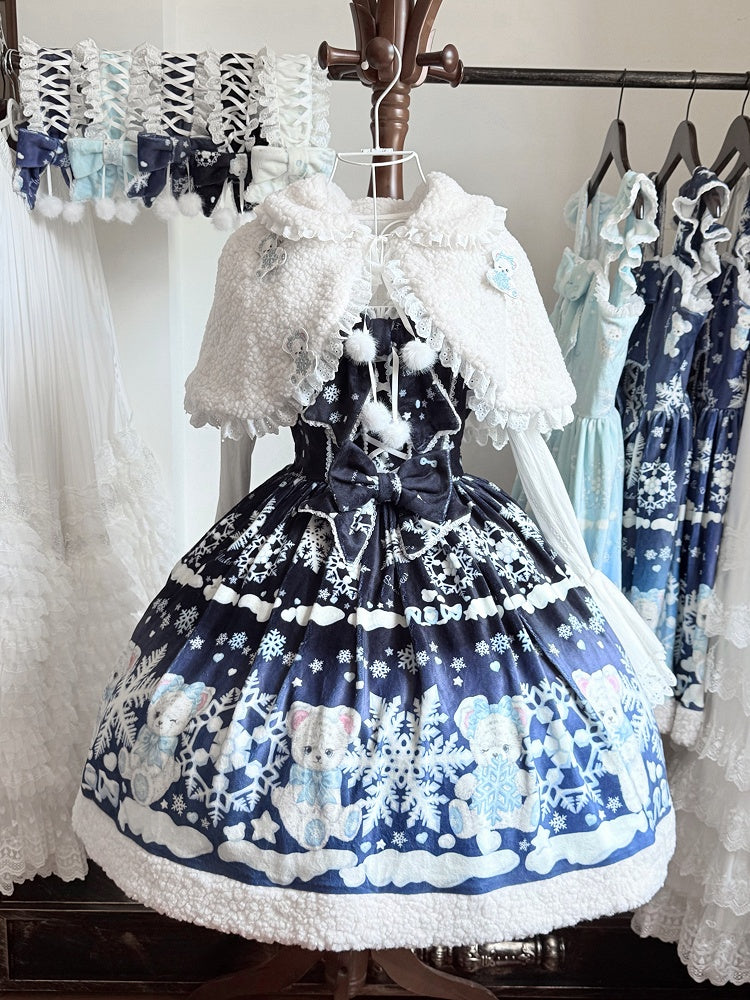 Sweet Winter Lolita Snowy Teddy Print Black-Dark Blue Gradient Lolita JSK Full Set