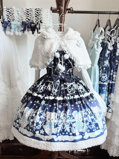 Sweet Winter Lolita Snowy Teddy Print Black-Dark Blue Gradient Lolita JSK Full Set