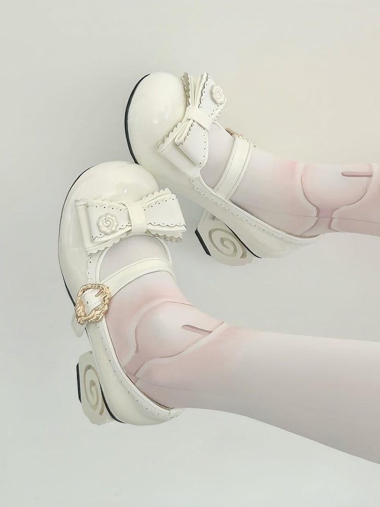 Decor Mid-heel Top with Bow Janes Sweet Design Snap White Mary Lolita Narutomaki PU
