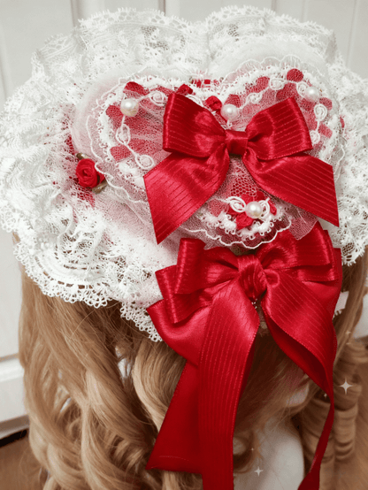 Sweet Pink/Red/Blue Bowknot Hat Mini Clips With Lace Heart-shaped Lolita