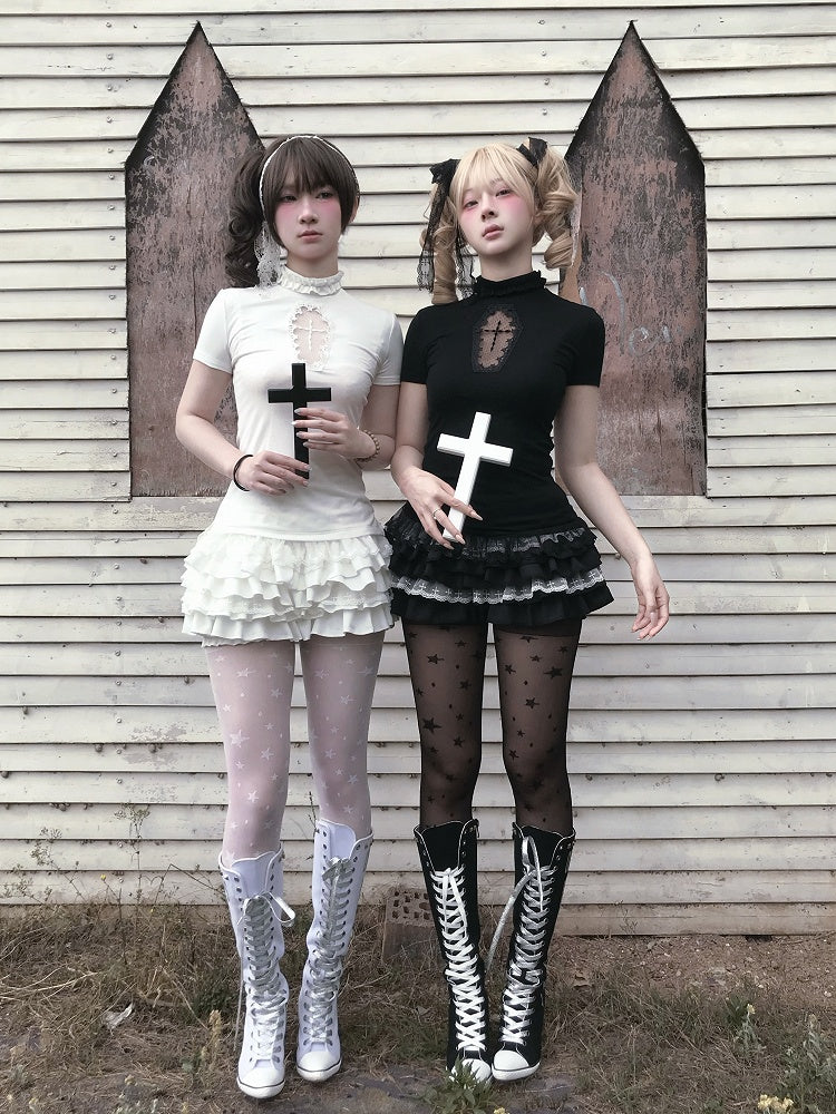 Gothic Black/White Mock Neck Coffin-Shaped Cutout T-Shirt