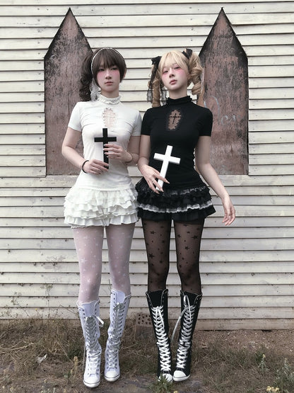 Gothic Black/White Mock Neck Coffin-Shaped Cutout T-Shirt