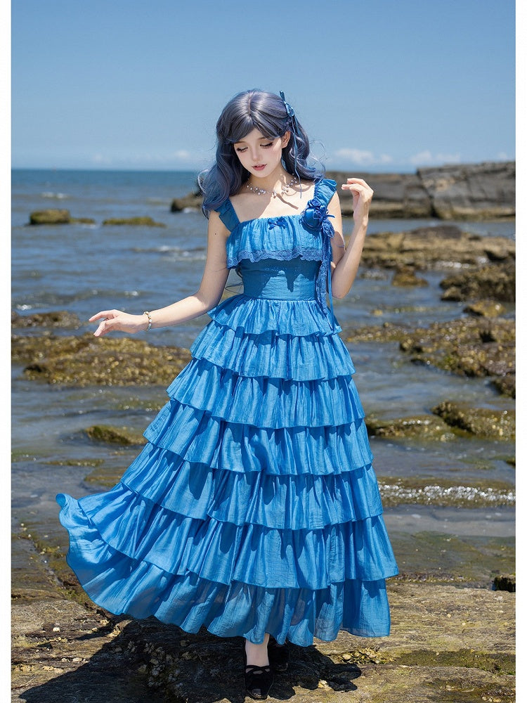 Blue Lolita Dress with Flounced Hem - With PUJI