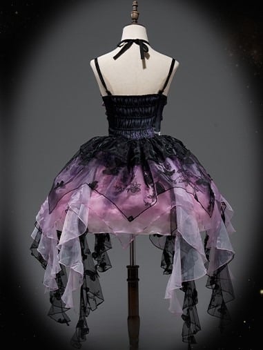 Purple Black Tulle with Hem Gothic Applique Dress Multi-Layer Halter Lolita Asymmetric Butterfly Lace-Up