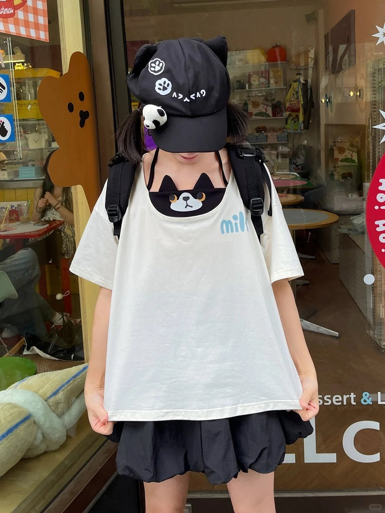 猫Tシャツ フェイクホワイト ホルターネック ツーピース