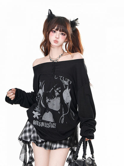 Black/White Off-the-shoulder Neckline Cartoon Print Top