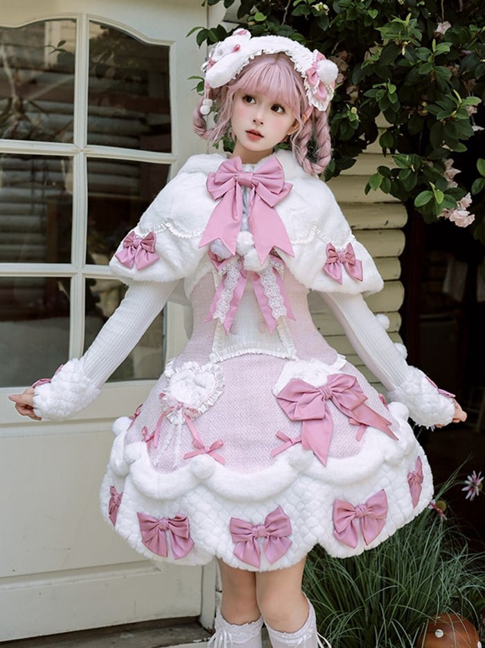 Rosa-weißer Umhang mit Pompons, Lolita-Häschenschleifen und Ohren mit Kapuze