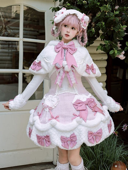 Pink White Cape Pom-poms with Hooded Lolita Bunny Bows and Ears