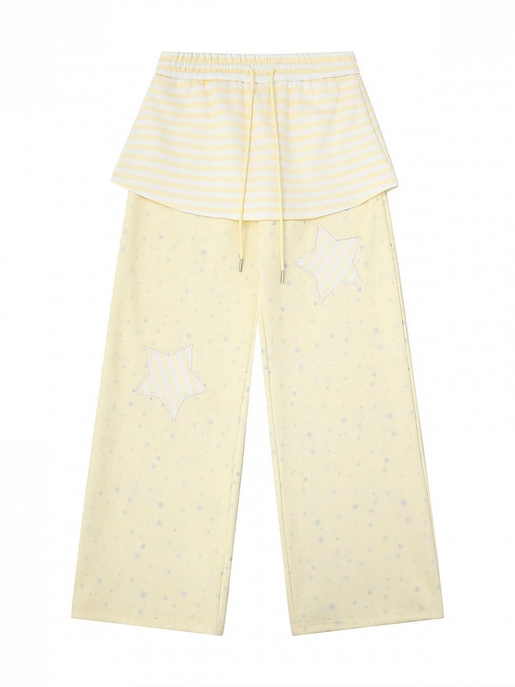 Yellow Star Patches Straight Pants with Striped Overlay Detail - Languid Park