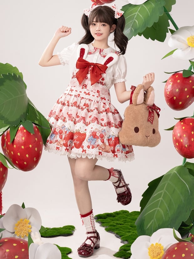 Spring Strawberry and Rabbit Print Big Bow Rabbit Ears Design Light Pink Sweet Lolita Overall Dress