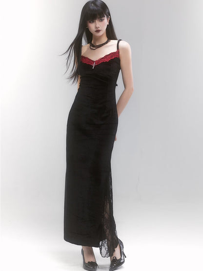 Gothic Black Cross Detail Red Lace Trim Spaghetti Strap Dress