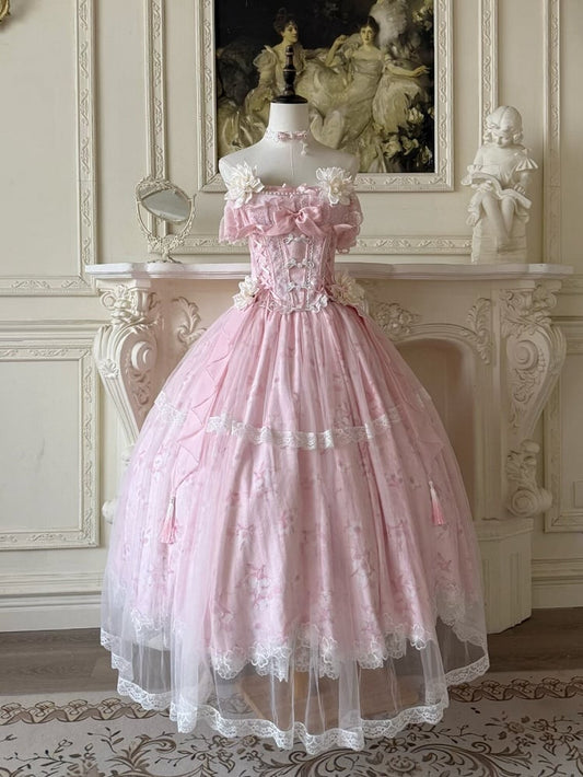 with Long Version Pink Jasmine-Embellished Buttons Top + Print Lolita Skirt Corset Frog Floral