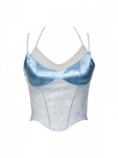 Blue Satin Lace Fake Two-Piece Sleeveless Top with Rhinestone Decoration - Virtual Orbit
