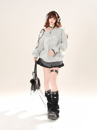 Self-tie Asymmetrical Neckline Plaid Hem Sweatshirt Black/Gray Shoulder Strap