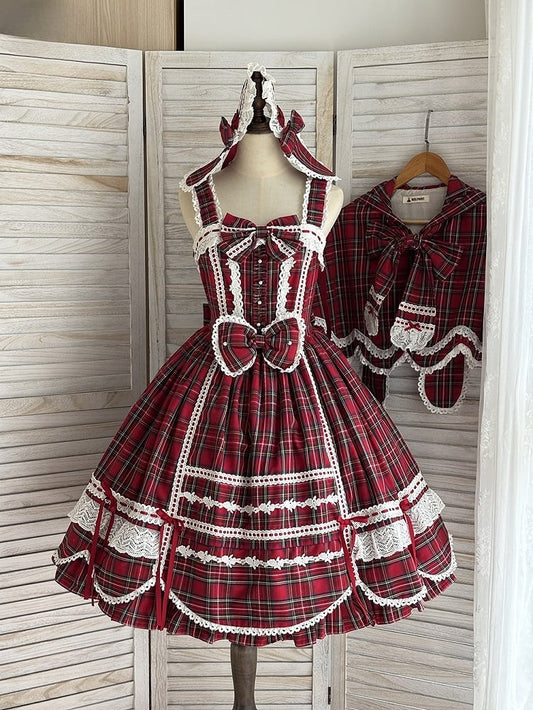 with Accents Skirt Scalloped Jumper Sweet Plaid Lolita Bow Edge Red Trim