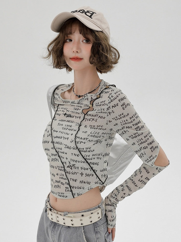 Gray Asymmetrical Design Long Sleeve Letter Printed T-Shirt - Girlyhalo