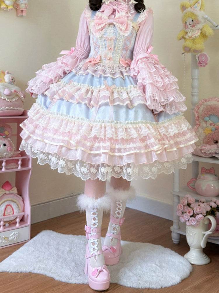 Hanayome Chain Decorated Princess Lolita Dress Blue Bead Bows