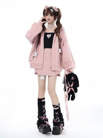 Charm Fleece-lined Pink Star Jacket Chest Embroidered with Design Hooded Drawstrings