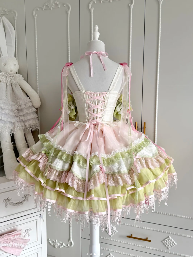Sweet Lolita JSK Set with Floral Crown and Detachable Sleeves - Sweetheart Macaron Lolita