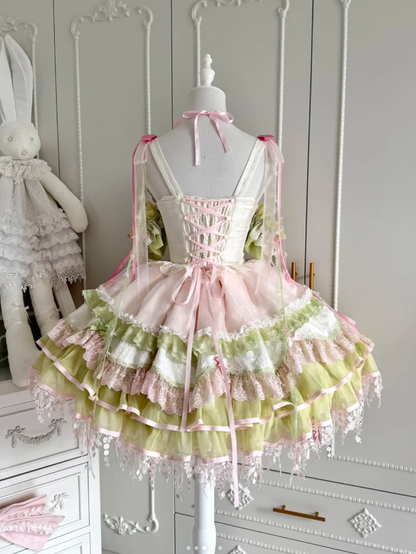 Sweet Lolita JSK Set with Floral Crown and Detachable Sleeves - Sweetheart Macaron Lolita