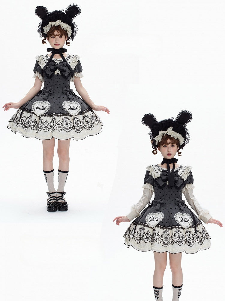 Sweet Rabbit Gray Polka Dot Pattern Sweetheart Lolita Detachable Dress Bonnet + with Sleeves Set Appliques