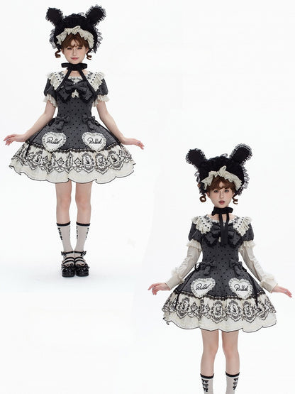 Sweet Rabbit Gray Polka Dot Pattern Sweetheart Lolita Detachable Dress Bonnet + with Sleeves Set Appliques