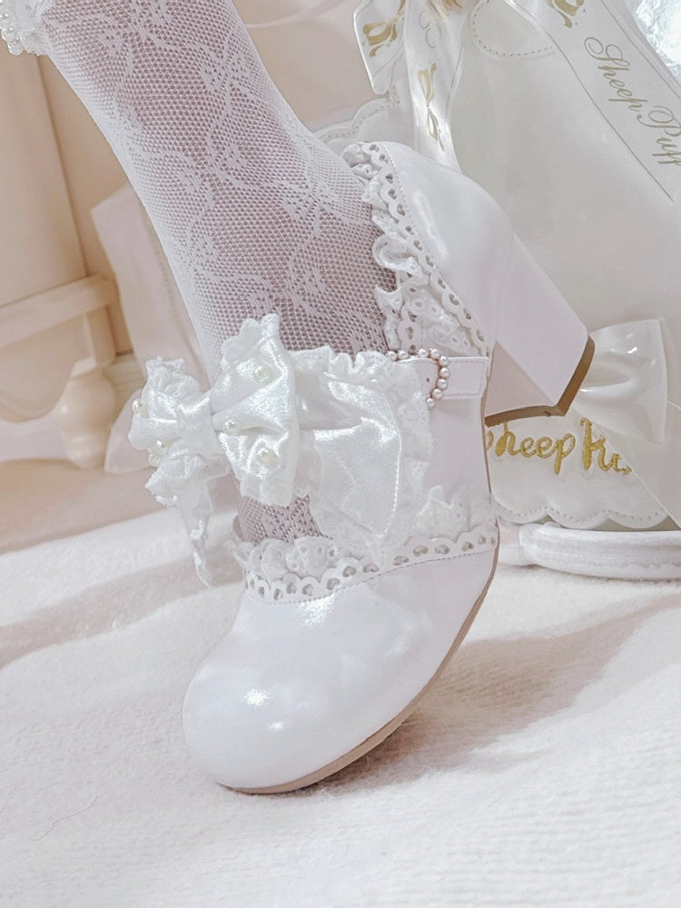 in Bow Sweet with Lace-Trimmed Mid Strap White Beaded Clasp Lolita Heart Heels