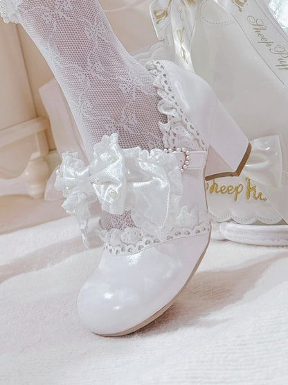 in Bow Sweet with Lace-Trimmed Mid Strap White Beaded Clasp Lolita Heart Heels