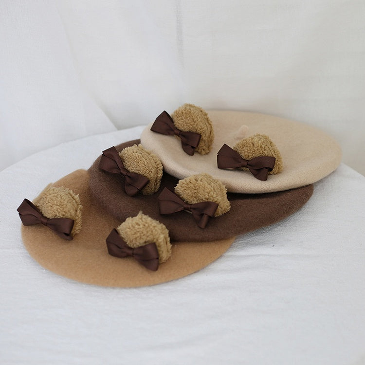 キャメル/ベージュコーヒー かわいいクマ耳ベレー帽 ウール