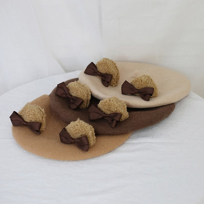 キャメル/ベージュコーヒー かわいいクマ耳ベレー帽 ウール