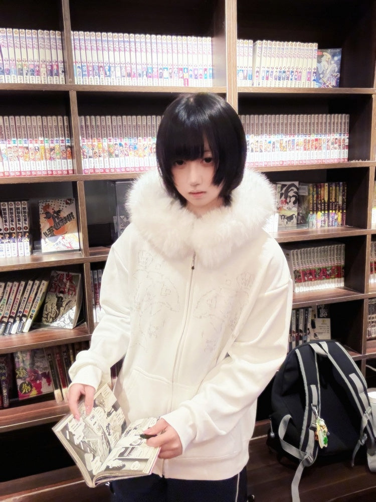 Zip Dolphin-Print White Landmine Hoodie Style Fur-Collar