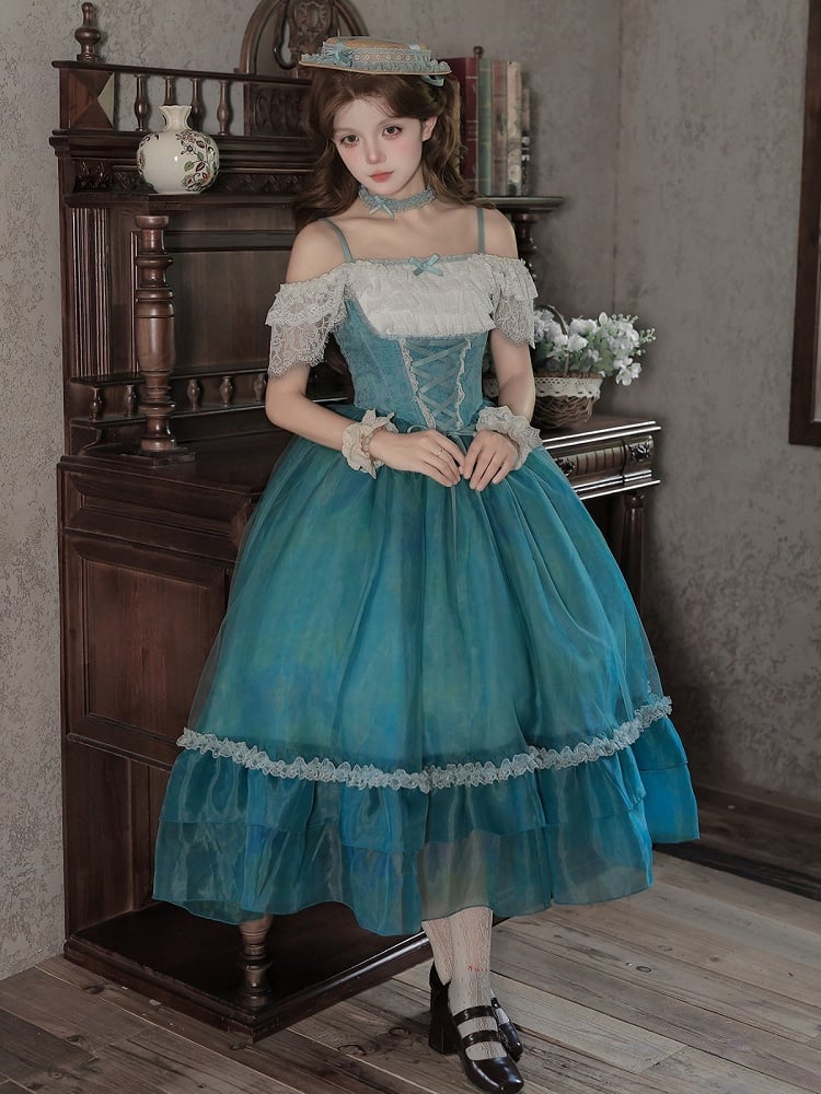 Teal Flutter-Sleeve JSK Dress with Lace-Up Back and Tiered Skirt - With PUJI