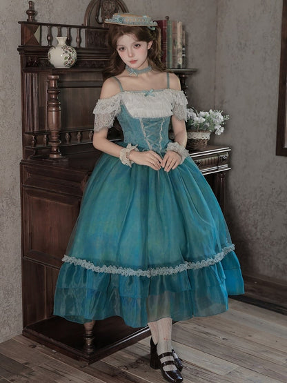 Teal Flutter-Sleeve JSK Dress with Lace-Up Back and Tiered Skirt - With PUJI