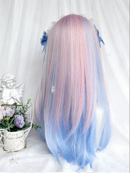 Blue and Pink Ombre 55cm Long Straight Full Bangs Wig - Sinwavy