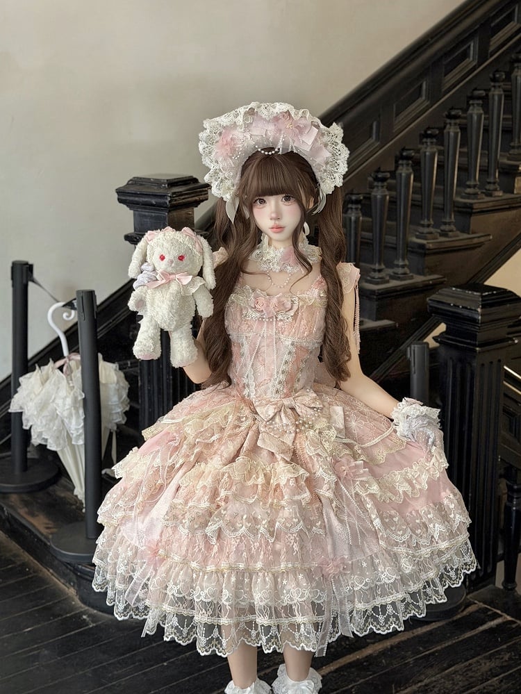 Pink Layered JSK Dress with Floral Bow Accents - Pear Island Sweet Tea