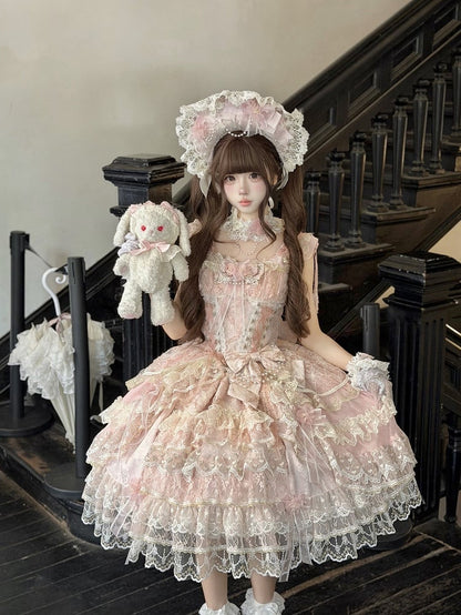 Pink Layered JSK Dress with Floral Bow Accents - Pear Island Sweet Tea