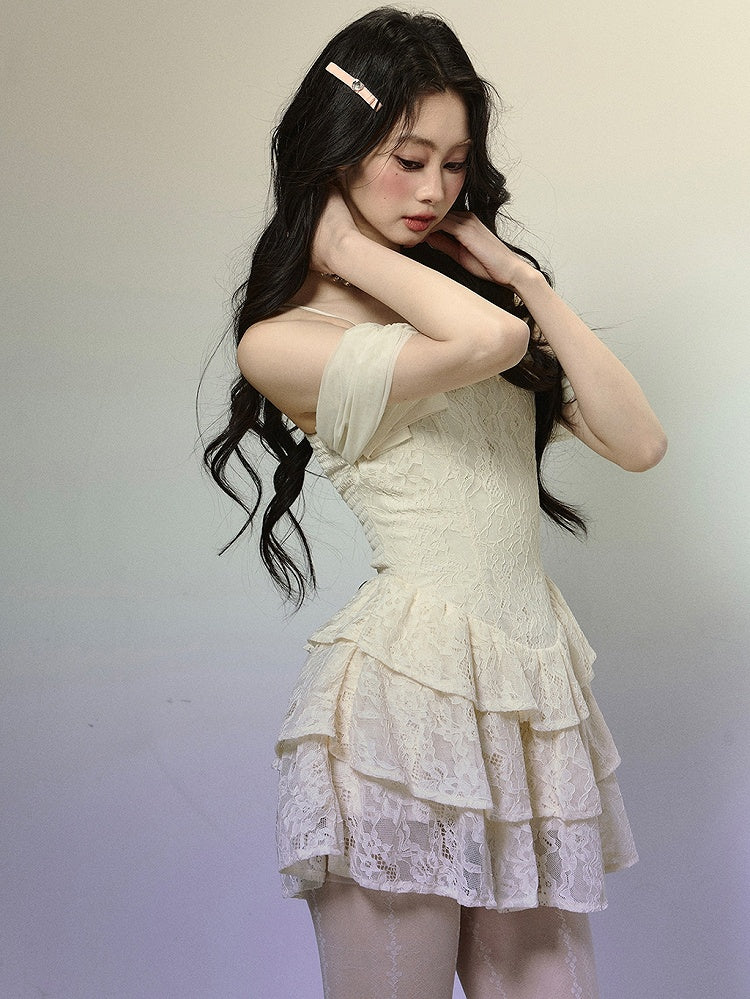 Apricot Bow Accent Tiered Skirt Lace Mini Dress